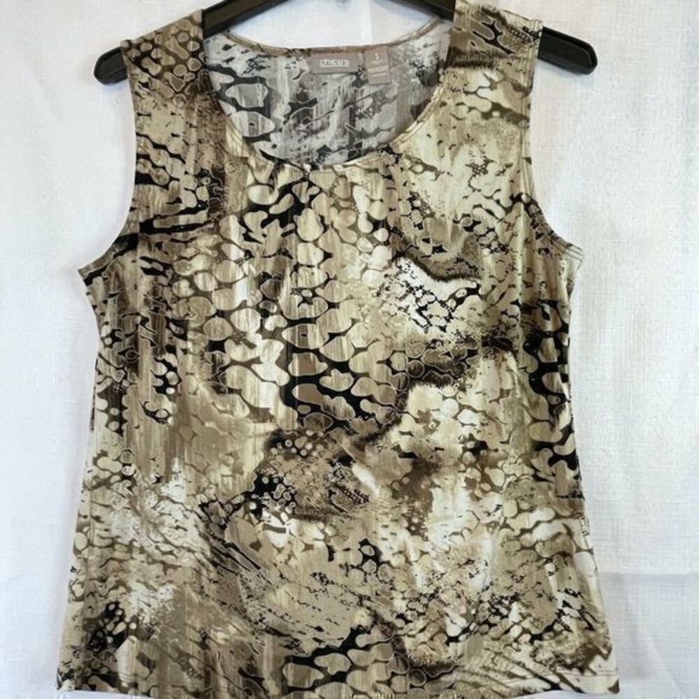 Chico's Sleeveless Top Womens Medium Animal Print Beige Brown Vacation Cruise